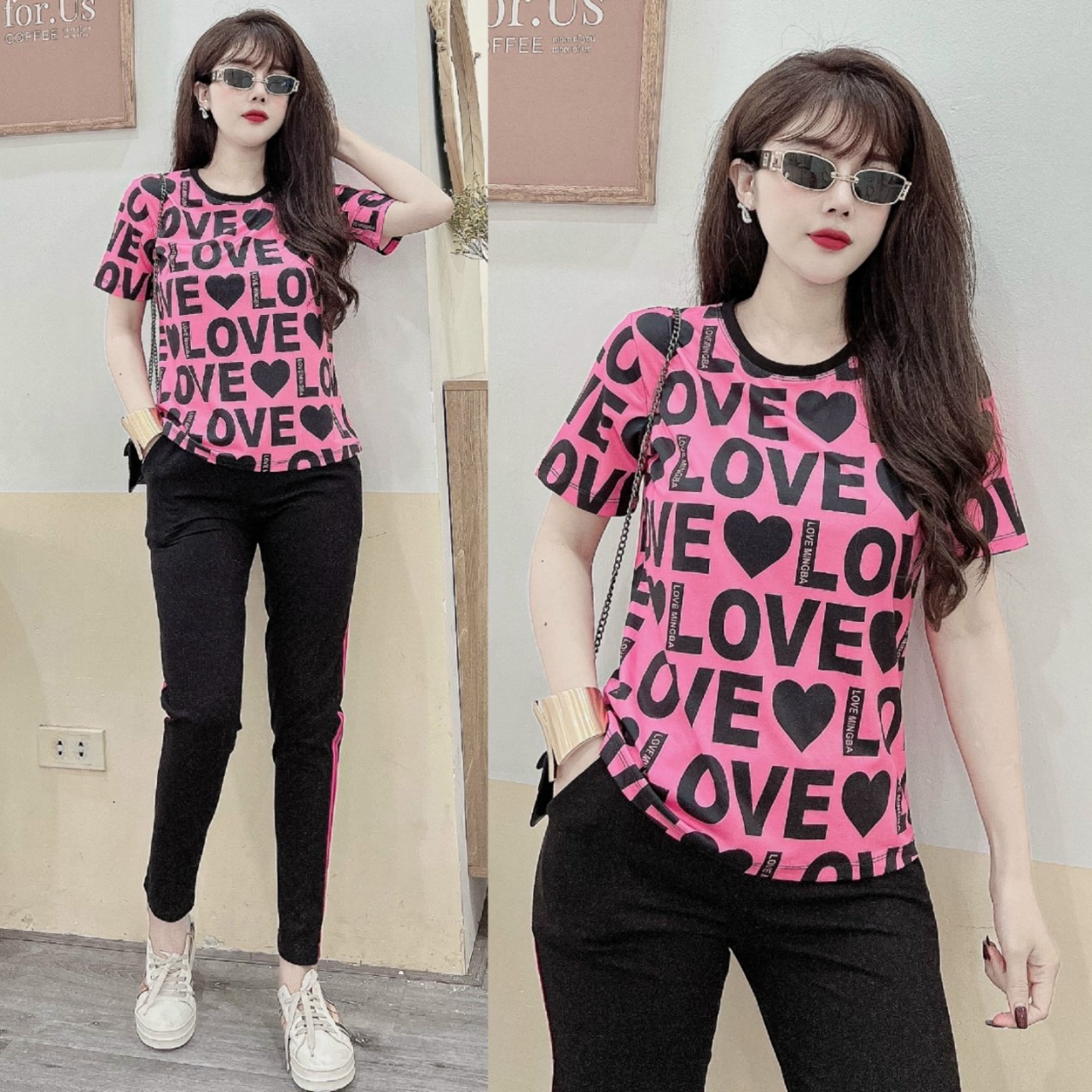 Bộ thun nữ cotton 100% phối họa tiết LOVE- BTN361
